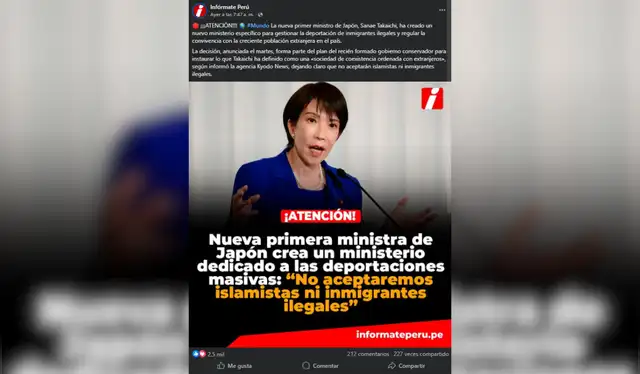  Noticia falsa sobre la supuesta creación de un 'Ministerio de deportaciones masivas' en Japón.   