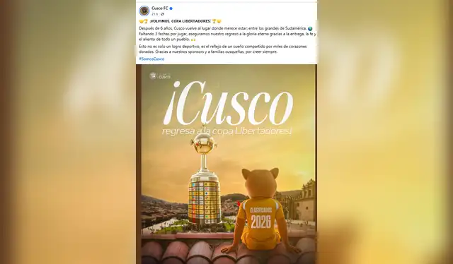 El mensaje de Cusco FC tras confirmarse su clasificación a la Copa Libertadores 2026. Foto: Cusco FC El mensaje de Cusco FC tras confirmarse su clasificación a la Copa Libertadores 2026. Foto: Cusco FC