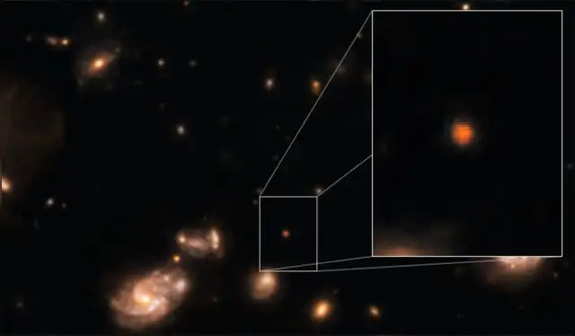 La posible galaxia en una imagen del telescopio espacial James Webb: Foto: NASA/JWTS La posible galaxia en una imagen del telescopio espacial James Webb: Foto: NASA/JWTS