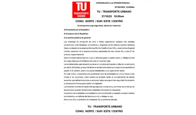  Colectivo Transporte Urbano (TU) publicó un comunicado dirigido al presidente Jerí. Foto: difusión.<br><br>    