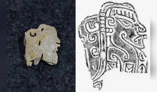 Una figura humana de perfil tallada en jade, descubierta en el sitio arqueológico de Sanxingdui. Foto: Xinhua News Una figura humana de perfil tallada en jade, descubierta en el sitio arqueológico de Sanxingdui. Foto: Xinhua News