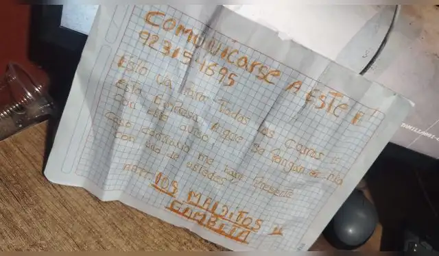  Carta de extorsión contra empresa de transporte HRE Express. Fuente: URPI   