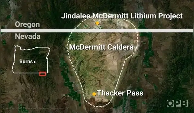  Mapa de la Caldera Mcdermitt donde se iniciará el proyecto de la mina de litio Thacker Pass en Nevada. Foto: OPB   