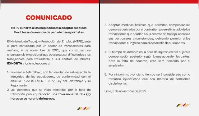 Comunicado del Ministerio de Trabajo ante el paro de transportistas del 4 de noviembre. Foto: MTPE Comunicado del Ministerio de Trabajo ante el paro de transportistas del 4 de noviembre. Foto: MTPE