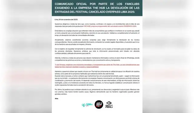 Comunicado oficial de fanclubs de SHINee, EXO y GOT7. | Foto: SHINee Perú, EXO-L Unión y GOT7 Perú Comunicado oficial de fanclubs de SHINee, EXO y GOT7. | Foto: SHINee Perú, EXO-L Unión y GOT7 Perú