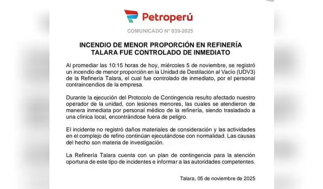 Comunicado de Petroperú respecto al incidente.   