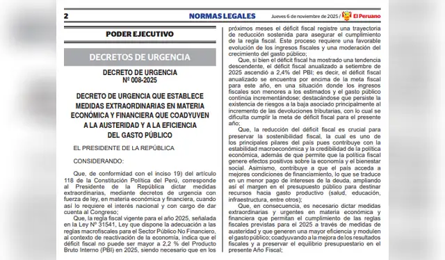 Decreto de urgencia que establece medidas extraordinarias de austeridad. Foto: El Peruano