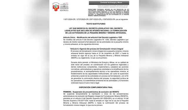 Texto sustitutorio propuesto por el presidente de la Comisión de Energía y Minas Víctor Cutipa amplía por dos años más el reinfo. Texto sustitutorio propuesto por el presidente de la Comisión de Energía y Minas Víctor Cutipa amplía por dos años más el reinfo.
