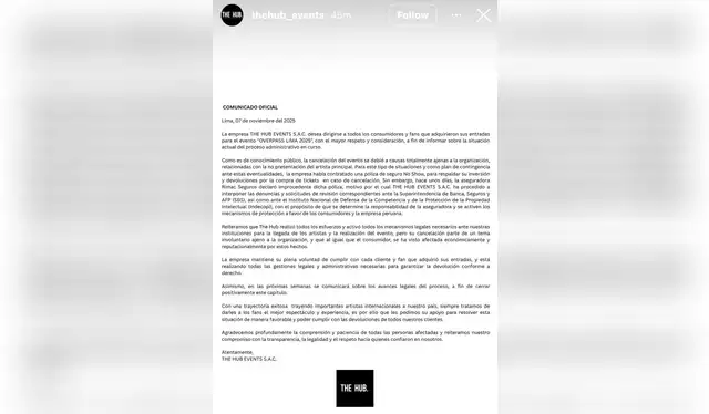 Comunicado emitido por The Hub vía historias de Instagram, el último 7 de noviembre. | Foto: The Hub Comunicado emitido por The Hub vía historias de Instagram, el último 7 de noviembre. | Foto: The Hub