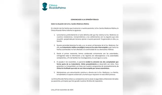 Comunicado de la Clínica Ricardo Palma respecto al robo ocurrido en sus instalaciones. | Foto: Clínica Ricardo Palma   