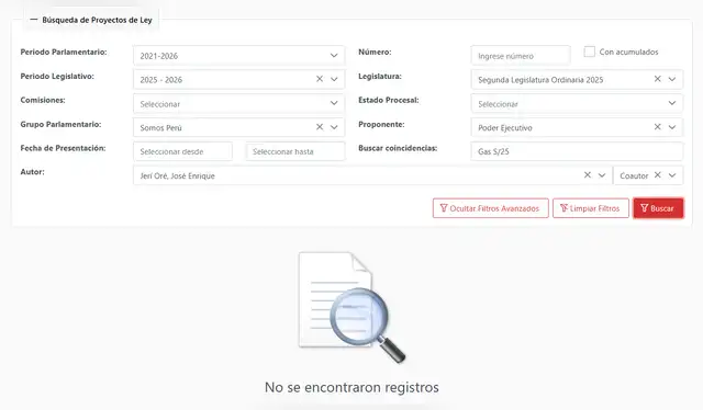 <em> Consulta con palabras clave en la interfaz de proyectos ley del Congreso. Foto: captura de pantalla</em>   