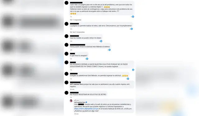 Quejas de usuarios de AFP Habitat tras caída de sistema. | Foto: Facebook AFP Habitat Perú Quejas de usuarios de AFP Habitat tras caída de sistema. | Foto: Facebook AFP Habitat Perú