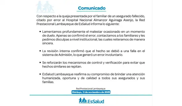 Comunicado oficial de EsSalud