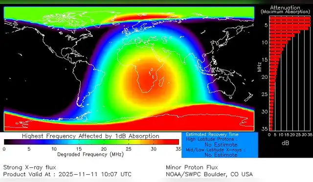  Apagones de radio asociados con la llamarada solar X5.1 del 11 de noviembre. Foto: NOAA   