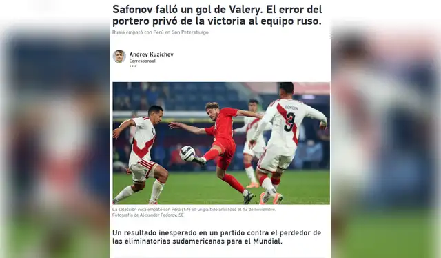 Portada del medio Sport Express tras el empate de Rusia ante Perú. Foto: Alexander Fedorov Portada del medio Sport Express tras el empate de Rusia ante Perú. Foto: Alexander Fedorov