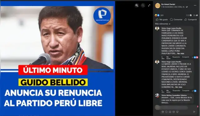  Publicación falsa que presenta como actual la renuncia de Guido Bellido al partido Perú Libre    