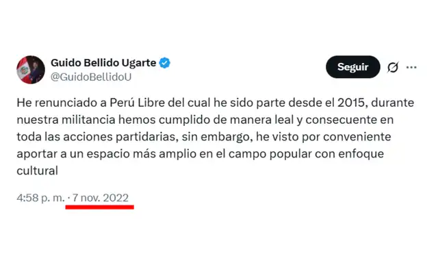  Publicación del congresista Guido Bellido en la red social X, del 7 de noviembre de 2022.   