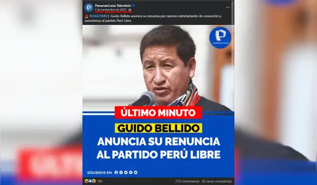  Publicación de Panamericana Televisión sobre la renuncia de Guido Bellido al partido Perú Libre.    