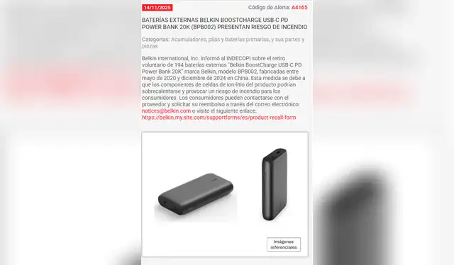 El pronunciamiento de la empresa Belkin sobre el retiro de sus productos fue comunicado a Indecopi para su evaluación y difusión. Foto: Alertas de consumo - Indecopi El pronunciamiento de la empresa Belkin sobre el retiro de sus productos fue comunicado a Indecopi para su evaluación y difusión. Foto: Alertas de consumo - Indecopi