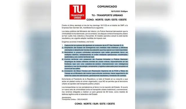 Transportistas exigen que se tomen acciones inmediatas contra la criminalidad que continúa en aumento a pesar del estado de emergencia en Lima y Callao. Foto: TU/cortesía   