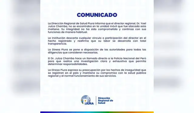 Tras lo ocurrido, la Dirección Regional de Salud Piura emitió un comunicado a través de sus redes. Foto: Dirección Regional de Salud Tras lo ocurrido, la Dirección Regional de Salud Piura emitió un comunicado a través de sus redes. Foto: Dirección Regional de Salud