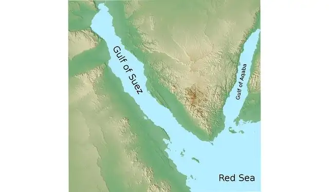 Mapa que muestra la ubicación del Golfo de Suez en relación con el Mar Rojo. Foto: Wikimedia Mapa que muestra la ubicación del Golfo de Suez en relación con el Mar Rojo. Foto: Wikimedia