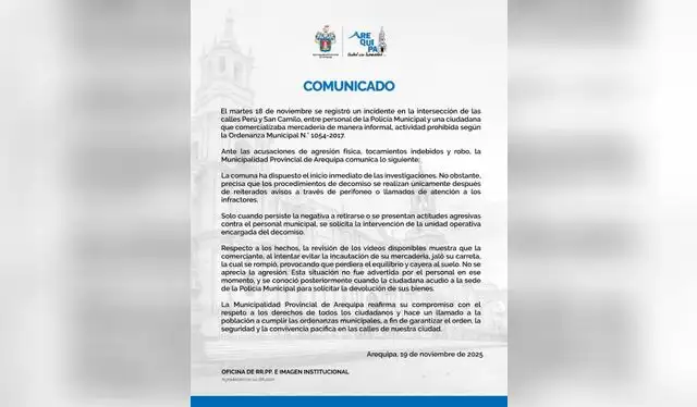  Comunicado de la Municipalidad de Arequipa. Foto: Municipalidad de Arequipa   