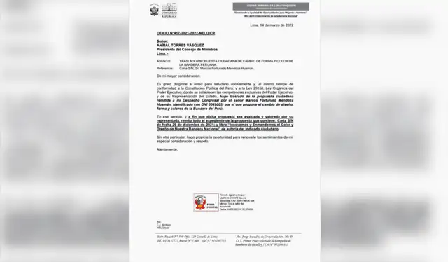 Oficio enviado por la congresista Nieves Limachi a Aníbal Torres para trasladar una propuesta ciudadana que plantea cambiar la bandera del Perú. Fuente: Difusión Oficio enviado por la congresista Nieves Limachi a Aníbal Torres para trasladar una propuesta ciudadana que plantea cambiar la bandera del Perú. Fuente: Difusión