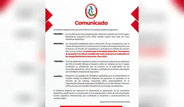  El gobierno regional de Ayacucho informó que será sede solo de cinco disciplinas deportivas.    