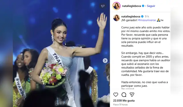 Tras la victoria de Fátima Bosch, la jueza del certamen, Natalie Glebova, publicó un mensaje en su cuenta de Instagram. Foto: natalieglebova Tras la victoria de Fátima Bosch, la jueza del certamen, Natalie Glebova, publicó un mensaje en su cuenta de Instagram. Foto: natalieglebova