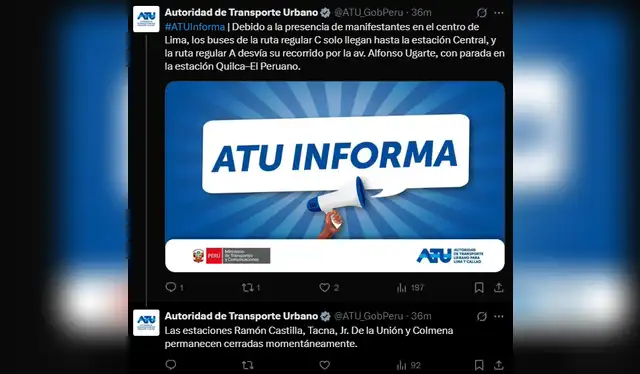 Comunicado de ATU. Foto: X   