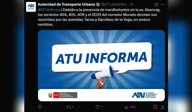 Comunicado de ATU sobre servicio de Corredor Morado. Foto: X de ATU Comunicado de ATU sobre servicio de Corredor Morado. Foto: X de ATU
