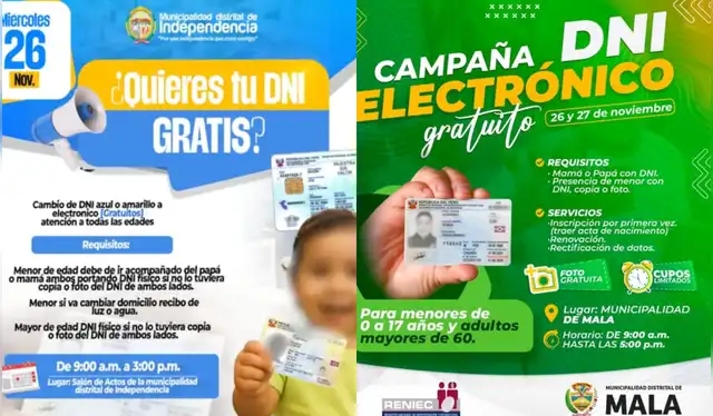 Las campañas de DNI electrónico de las municipalidades de Mala e Independencia en Ica. Foto: Composición LR/ Facebook Las campañas de DNI electrónico de las municipalidades de Mala e Independencia en Ica. Foto: Composición LR/ Facebook