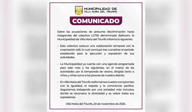 Respuesta de la Municipalidad de Villa María del Triunfo por denuncia pública de discriminación. Foto: Municipalidad VMT. Respuesta de la Municipalidad de Villa María del Triunfo por denuncia pública de discriminación. Foto: Municipalidad VMT.