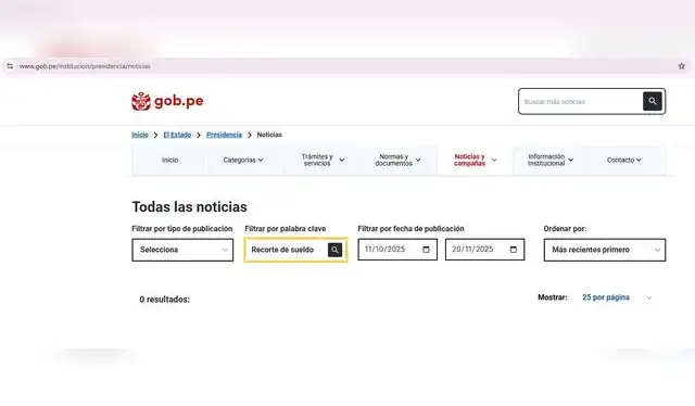 <em> Búsqueda con filtros en la página de noticias de la Presidencia de la República del Perú. Foto: captura de pantalla</em> <em> Búsqueda con filtros en la página de noticias de la Presidencia de la República del Perú. Foto: captura de pantalla</em>
