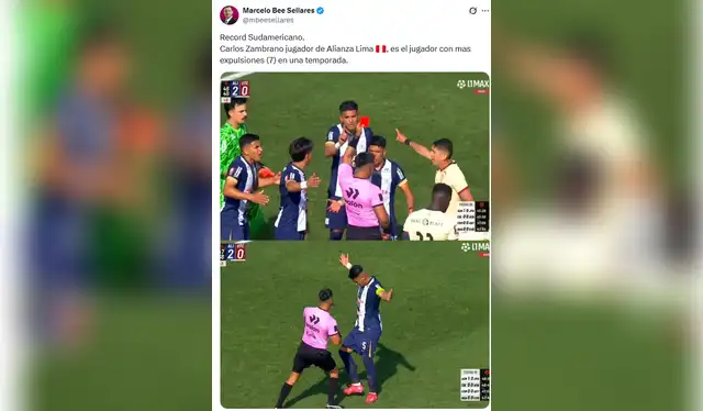 Según el periodista argentino Marcelo Bee Sellares, el defensor peruano Carlos Zambrano se ha convertido en el jugador con más expulsiones en una temporada en el fútbol sudamericano. Foto: X - Marcelo Bee Sellares. Según el periodista argentino Marcelo Bee Sellares, el defensor peruano Carlos Zambrano se ha convertido en el jugador con más expulsiones en una temporada en el fútbol sudamericano. Foto: X - Marcelo Bee Sellares.