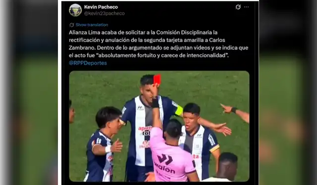 Alianza Lima apelará a la Comisión Disciplinaria la rectificación y la anulación de la tarjeta roja de Carlos Zambrano. Foto: X - Kevin Pacheco Alianza Lima apelará a la Comisión Disciplinaria la rectificación y la anulación de la tarjeta roja de Carlos Zambrano. Foto: X - Kevin Pacheco