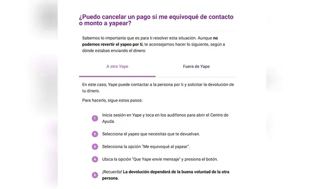 Las instrucciones que debes tomar en cuenta para poder cancelar un pago de yape erróneo. Foto: Yape Las instrucciones que debes tomar en cuenta para poder cancelar un pago de yape erróneo. Foto: Yape