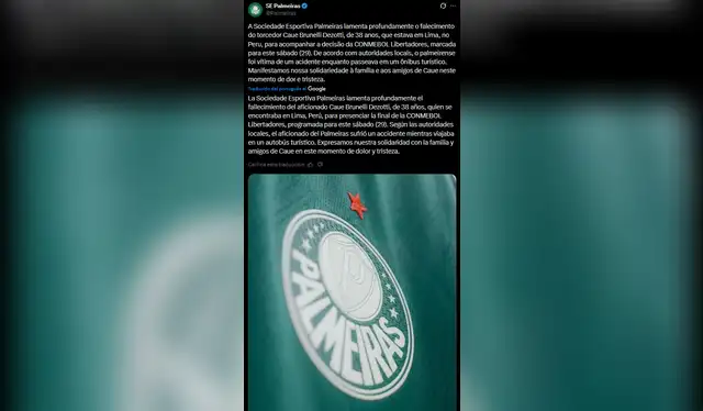  Pronunciamiento de Palmeiras por muerte de Caue Brunelli Dezotti. Foto: X   