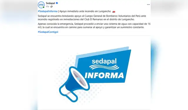Comunicado de Sedapal por incendio en club El Remanso.    