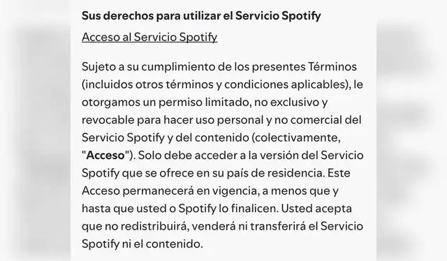 Detalles presentados por Spotify en sus Términos y Condiciones de uso. | Foto: Spotify Detalles presentados por Spotify en sus Términos y Condiciones de uso. | Foto: Spotify