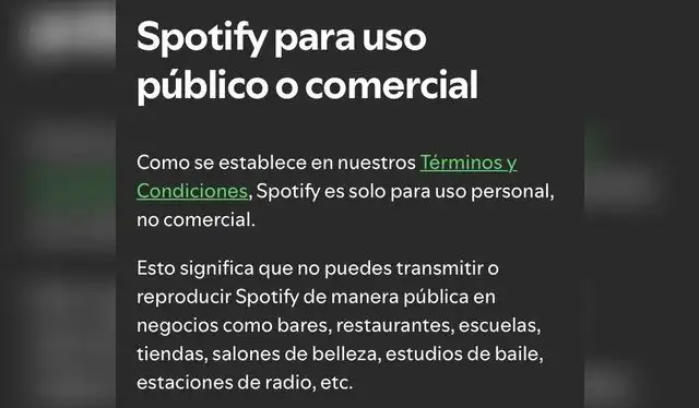 Información establecida por Spotify respecto a su uso comercial. | Foto: Spotify Información establecida por Spotify respecto a su uso comercial. | Foto: Spotify