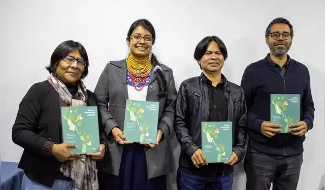 María Quispe, del Pueblo Aymara (Bolivia), Kelly Ulcuango del Pueblo Kichwa (Ecuador), Ernesto Tzi Chub del Pueblo Q’eqchi’ (Guatemala) y Rodrigo Yáñez Rojas, director de Rimisp. María Quispe, del Pueblo Aymara (Bolivia), Kelly Ulcuango del Pueblo Kichwa (Ecuador), Ernesto Tzi Chub del Pueblo Q’eqchi’ (Guatemala) y Rodrigo Yáñez Rojas, director de Rimisp.