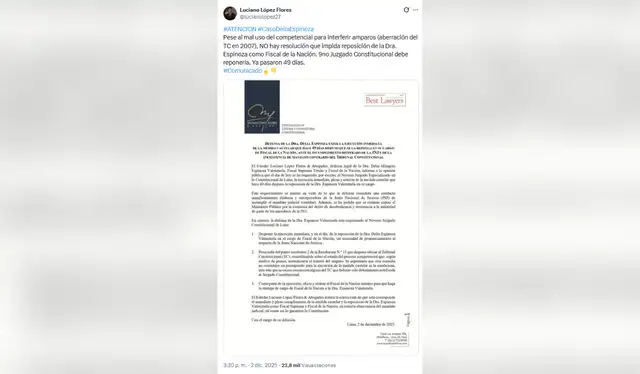 Comunicado del 2 de diciembre de 2025 de Luciano López Flores. Fuente: X Comunicado del 2 de diciembre de 2025 de Luciano López Flores. Fuente: X