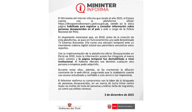  Pronunciamiento público del Ministerio del Interior. Créditos: difusión.<br><br>    