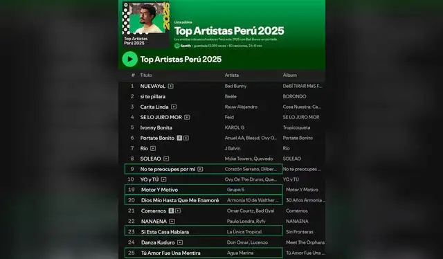  El Top Artistas del Perú en el 2025. Foto: Spotify   