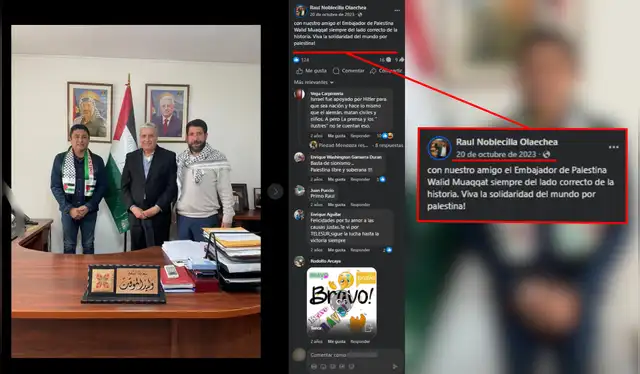 Publicación de Raúl Noblecilla, en octubre de 2023, junto al embajador del Estado de Palestina en el Perú. Fuente: Facebook.   