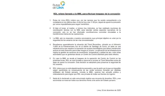 Comunicado de Rutas de Lima. Foto: Rutas de Lima   