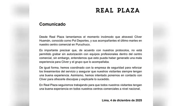 Comunicado emitido este miércoles 4. Foto: Real Plaza  