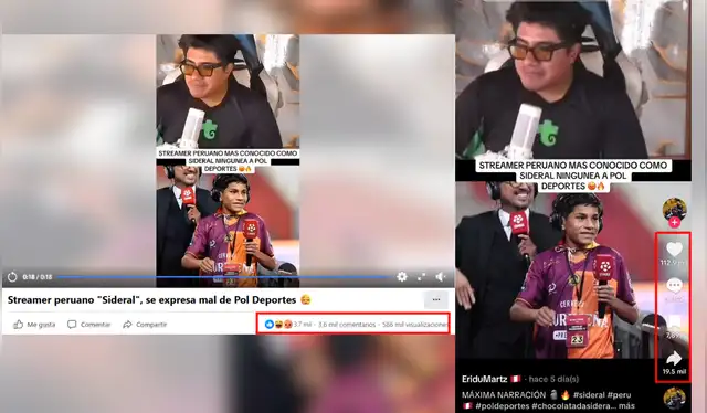 Publicaciones falsas que descontextualizan declaraciones del streamer Sideral. Fuente: Facebook/TikTok Publicaciones falsas que descontextualizan declaraciones del streamer Sideral. Fuente: Facebook/TikTok
